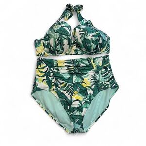 Adore Me Leaf Print Bikini Set 44DD 2X High Waisted Halter Swim Plus Size